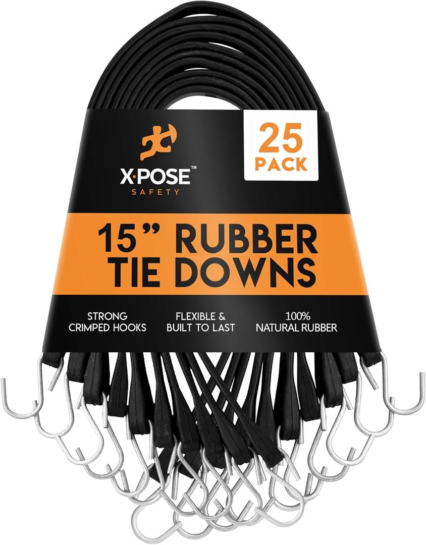 Rubber Bungee Cords with Hooks 25 Pack 15 Inch (23 Max Stretch) Heavy-Duty Black Tie Down Straps for Outdoor, Tarp Covers, Canvas Canopies, Motorcycle, and Cargo - by Xpose Safety