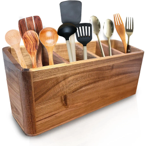 Dstuff Large Kitchen Utensil Holder Organizer for Counter or Countertop, Wooden Storage Container for Cooking and Silverware, Acacia Rustic Wood (4 Compartments)