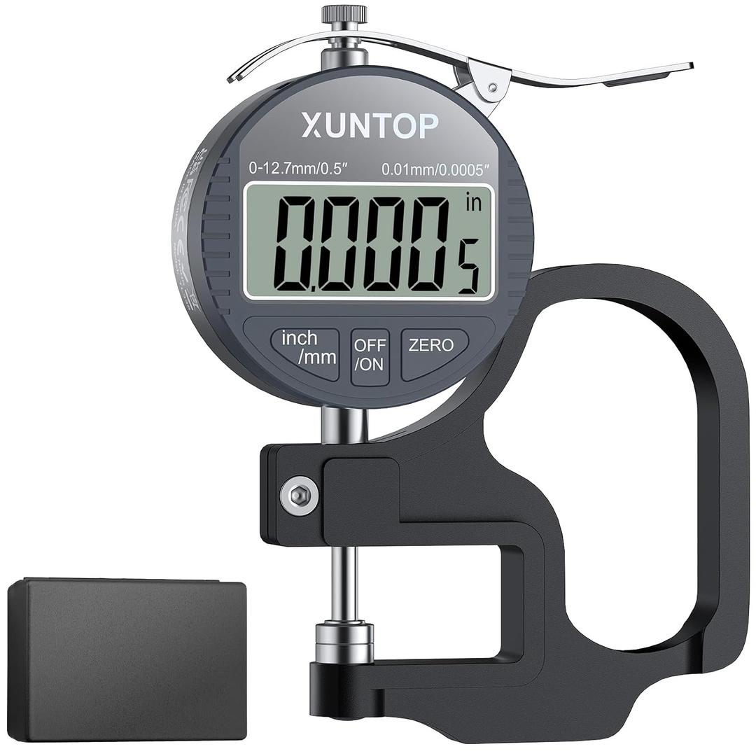XUNTOP Digital Thickness Gauge 0.5inch/0.0005inch(12.7mm/0.01mm) Thickness Meter with LCD Display, Unit Conversion, Storage Case for Paper Plastic Leather Metal Wire