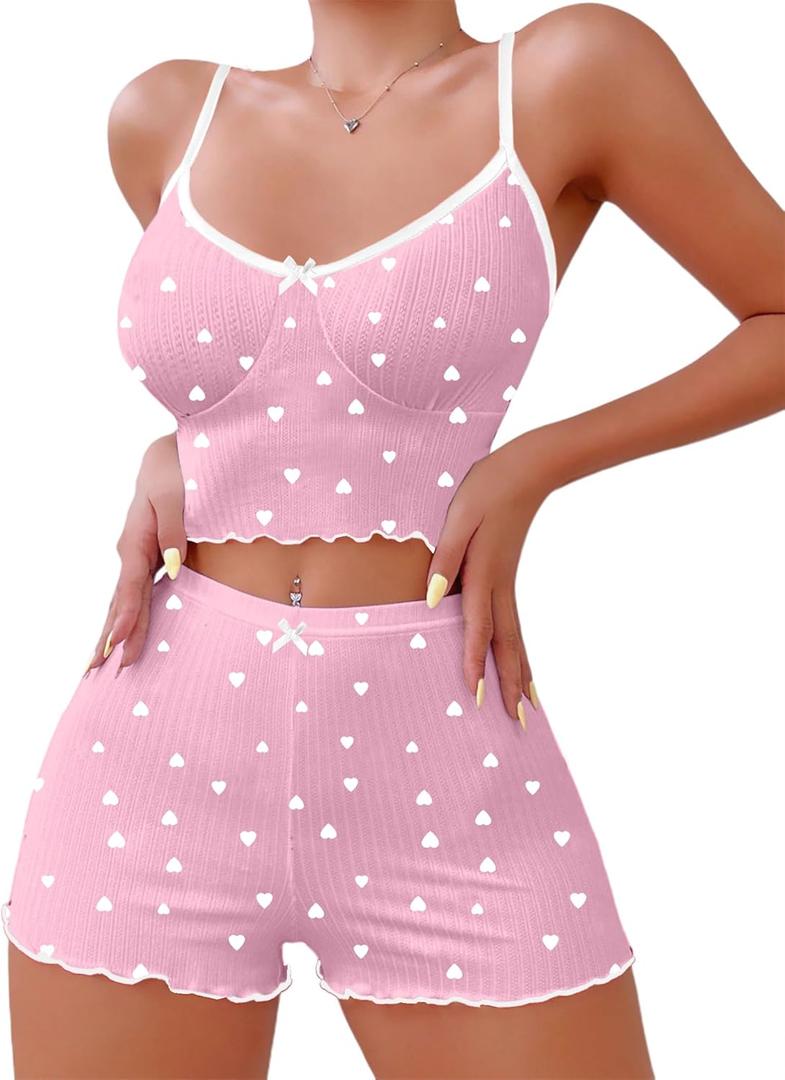 Hilinker Womens 2 Piece Heart Pajama Set Ribbed Cami Top and Shorts Sleepwear Cute Pjs Pink White Heart N Small (Pink)