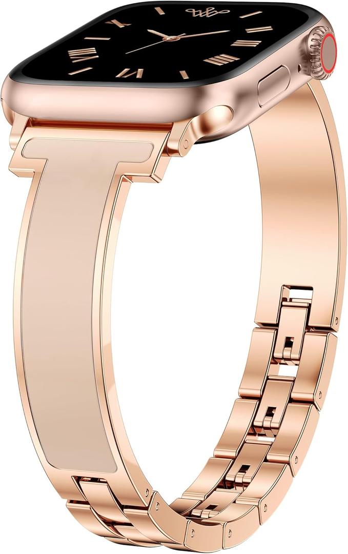 Moolia Slim Metal Band Compatible with Apple Watch 38/ 40/ 41/ 42 Women, Fancy Dressy Enamel Bracelet Luxury Bangle Strap for iWatch Series 11 10, Rose Gold/ Nude