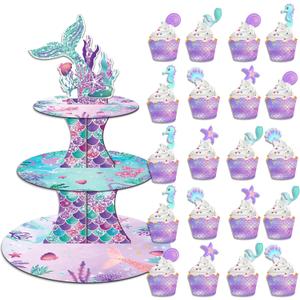 3 Tier Mermaid Cupcake Stand Party Decorations, Mermaid Themed Cupcake Holder Decorations with 20Pcs Mermaid Cupcake Wrappers and Toppers, Cupcake Display Holder Birthday Party Supplies