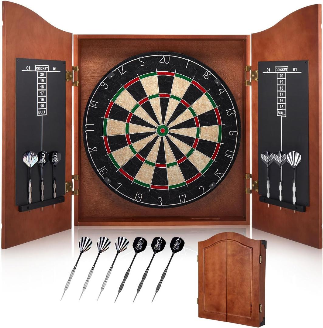 Sisal Dart Board Cabinet Sets, Decorative Dart Boards for Adults [6*Steel Darts] - Wooden Dartboard Cabinet with Integrated Scoreboard for Family Game Rooms