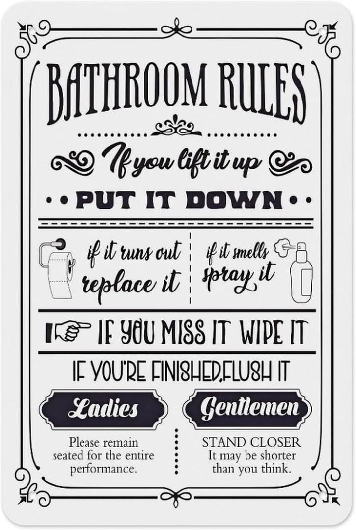 Bathroom Rules Metal Tin Sign  If You Lift It Up Put It Down Funny Restroom Poster, Farmhouse Vintage Toilet Wall Art for Guest Bathroom & Powder Room, Humor Decor 12x8 Inch