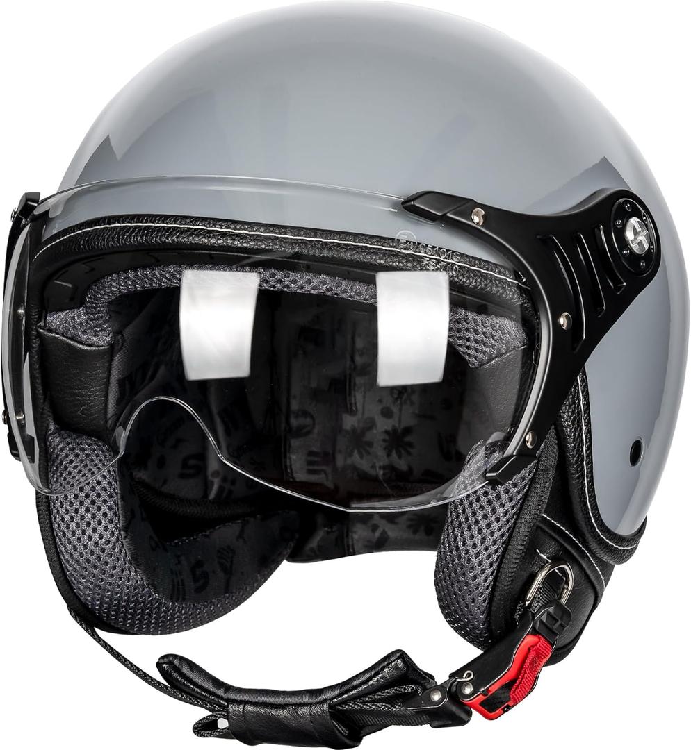 3/4 Motorcycle Helmets Retro Open Face Vespa Scooters Helmet with Clear Visor for Men and Women- DOT Approved (Large, Gray)