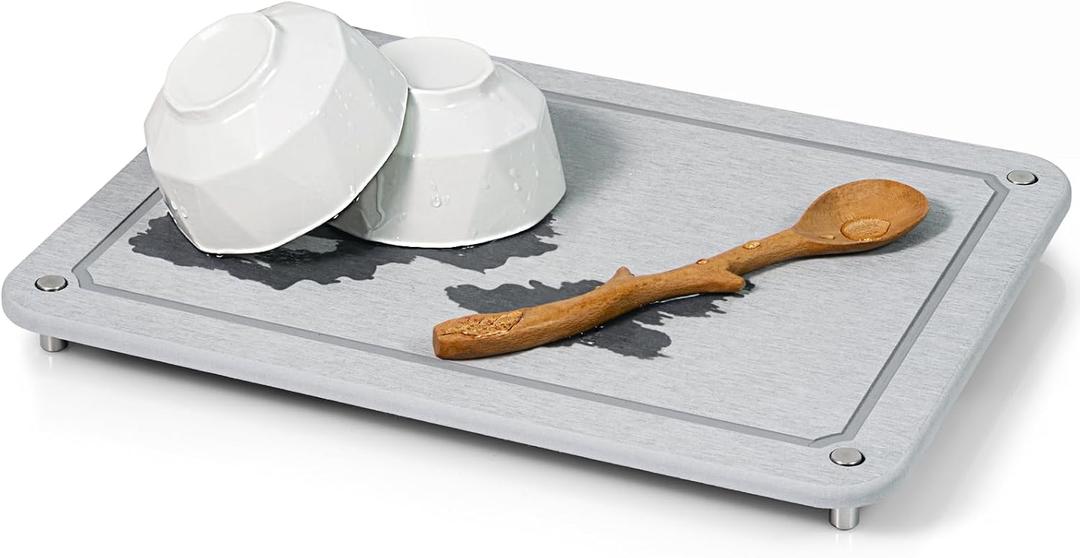 Stone Drying Mat for Kitchen Counter, Diatomaceous Dish Drying Mats Superb Absorbent with Non-Slip Stainless Steel Feet for Dishes, Bottles and more, 15.7"(L)11.8"(W), Light Grey Square