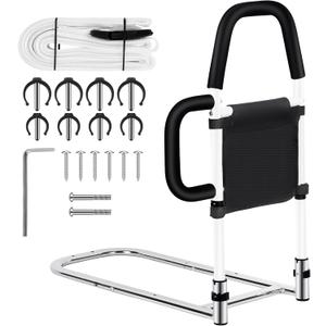 Okvpajdo Bed Rails for Elderly Adults Safety Adjustable Bed Assist Rail with 2 Grab Bars&Storage Pocket&Fall Prevention Guard for Senior Bed Guard Railing with Fixing Strap Fits King Queen Full Twin
