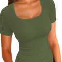 LOLONG Womens Short Sleeve Ribbed T Shirts Summer Casual Square Neck Lace Patchwork Tops