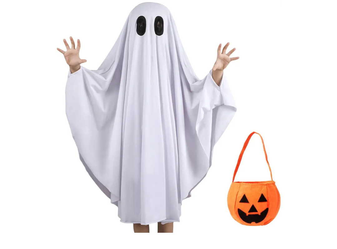 Unisex Kid Ghost Costume Girl Halloween Fancy Dress Cosplay Boy White Boo Ghost Cloak Child Spooky Trick-or-Treating(Pumpkin Bucket- White,L)
