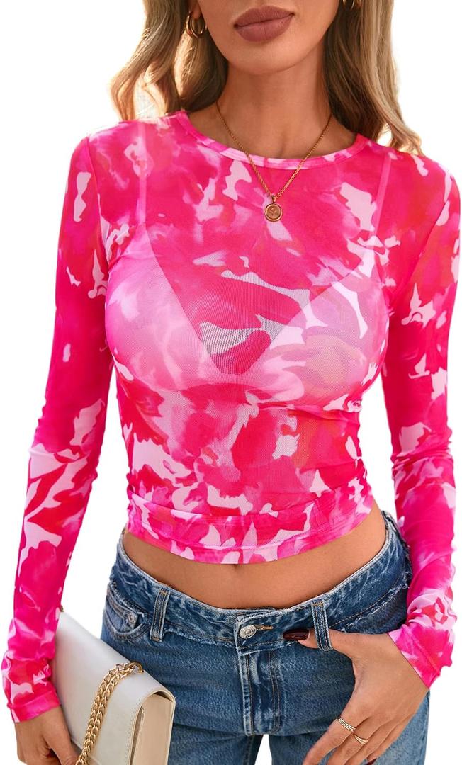 PRETTYGARDEN Women's Mesh Long Sleeve Spring Top 2026 Trendy Summer See Through Sheer Blouse Fitted Going Out Layering Shirts (Pink, L)