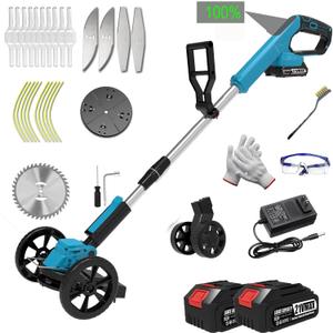 Cordless Weed Wacker Eater Battery Powered Electric Weed Trimmer, with 2Pcs 21V Battery 5 Types Blades Lightweight Grass Trimmer Edger Lawn Tool, Push Wheeled No-String Trimmer for Garden Yard(Missing brush)