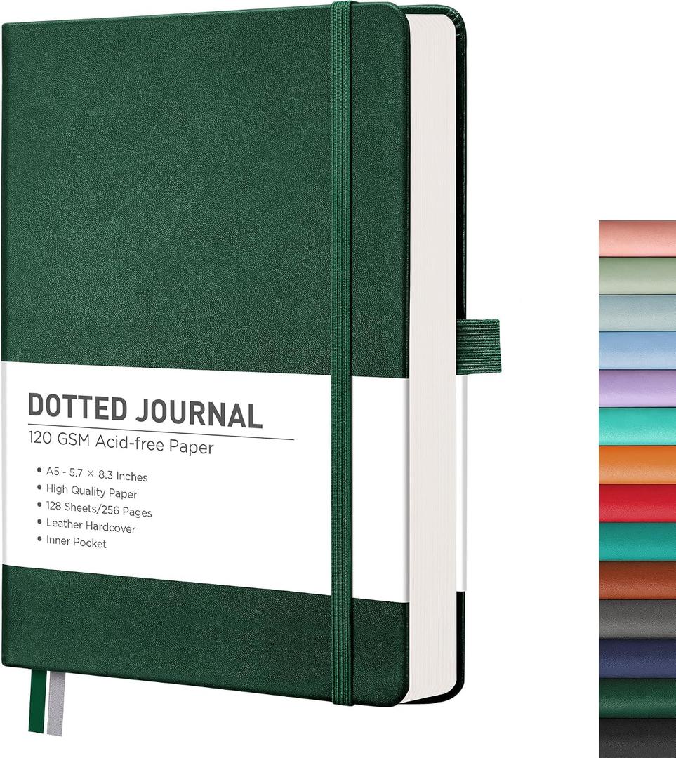 RETTACY Dotted Journal Notebook, 256 Pages, A5 Medium Size (5.7'' × 8.3''), Leather Hardcover, 120 GSM Thick Paper, for Journaling, Planning, Tracking (Dark Green)