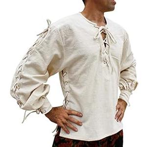 Svenine Handmade Cotton Renaissance Pirate Shirt Long Tied Up Medieval Sleeves, Medium, Muang Cotton - Cream