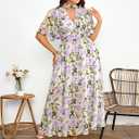 EYWOL Plus Size Wedding Guest Dresses for Women Floral Chiffon Flowy V Neck Maxi Dress with Detachable Tie Smocked Back (Purple, XXL)