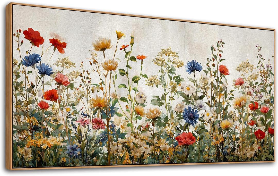 KZKU Wildflower Wall Art Floral Canvas Print Framed Vibrant Multicolor Flowers Art with Frame Ready to Hang Modern Home Decor for Living Room Bedroom Office 20x40inch