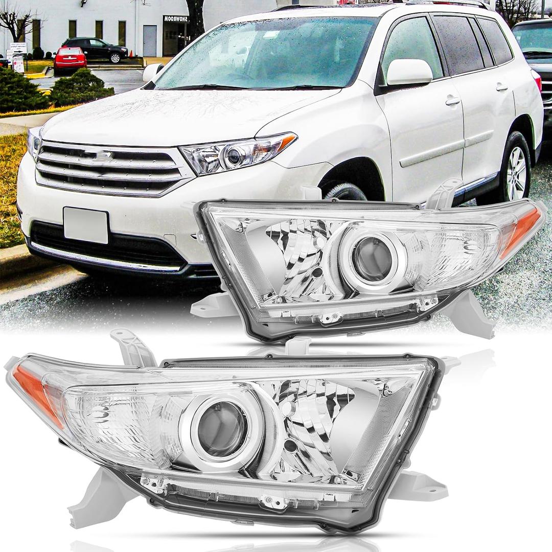 Headlights Assembly Pair for 2011 2012 2013 Toyota Highlander Projector Headlamps Head Lights Replacement Driver and Passenger Side,Chrome Housing Amber Reflector