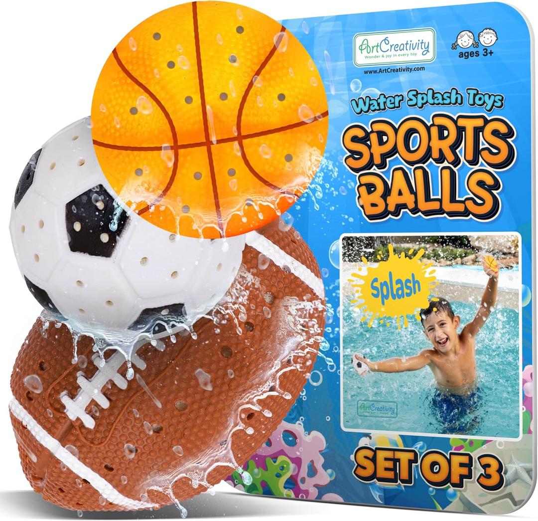 ArtCreativity Sports Balls Water Splash Toys - Set of 3 - Spongy Bath Toys for Kids - 3 Different Athletic Ball Designs Include Football, Basketball, Soccer Ball - Bathtub Toys & Kids Pool Accessories