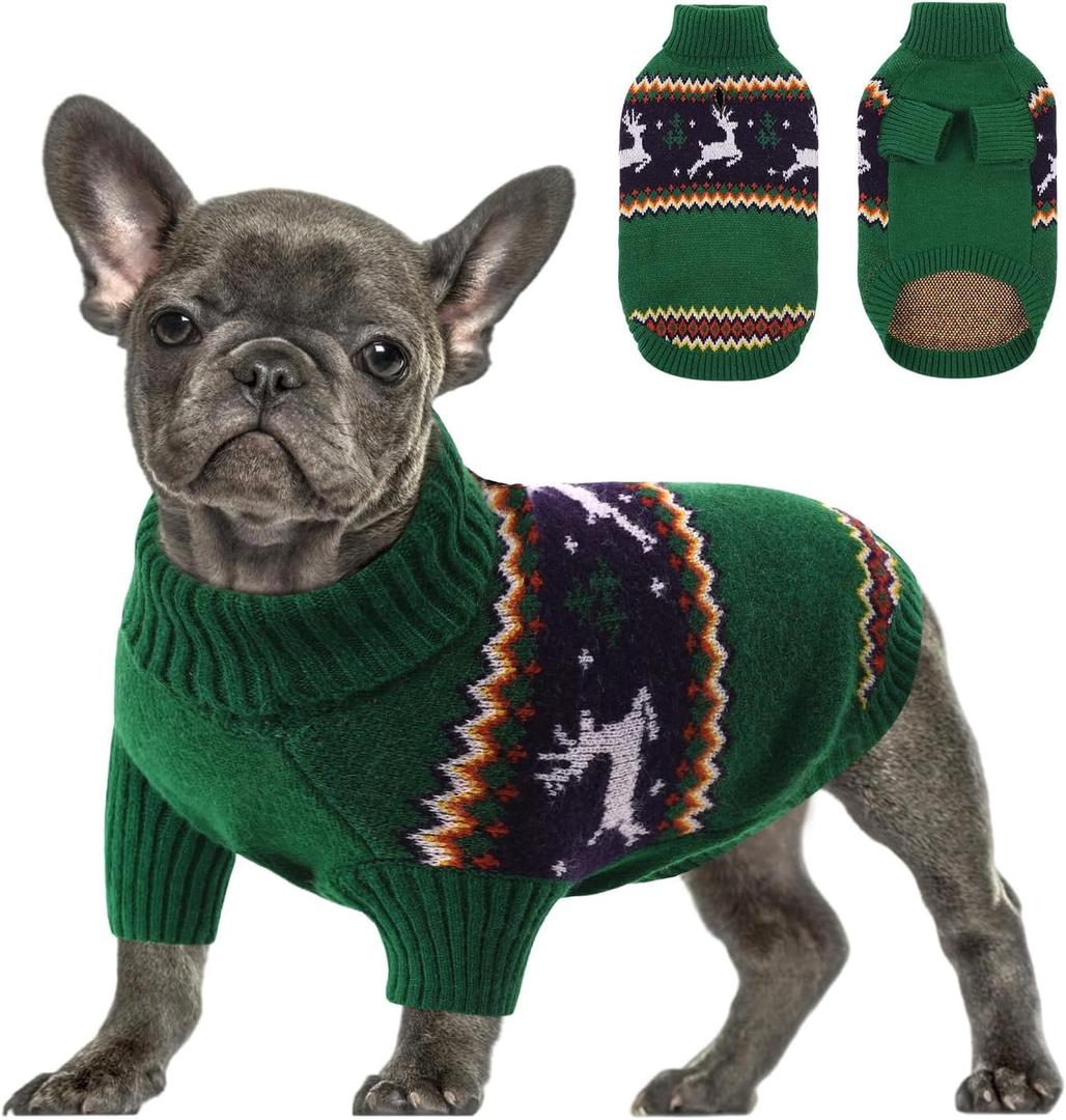 Queenmore Dog Christmas Sweater,Turtleneck Knitted Pullover Xmas Pet Clothes Sweatshirt,Christmas Outfit, Warm Dog Sweaters for Small Dogs Boy Girl,XmasDeer, L