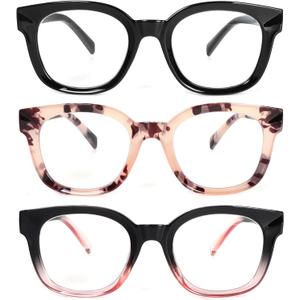 REAVEE 3 Pack Fashion Oversized Reading Glasses for Women, Blue Light Blocking Computer Readers with Spring Hinge
