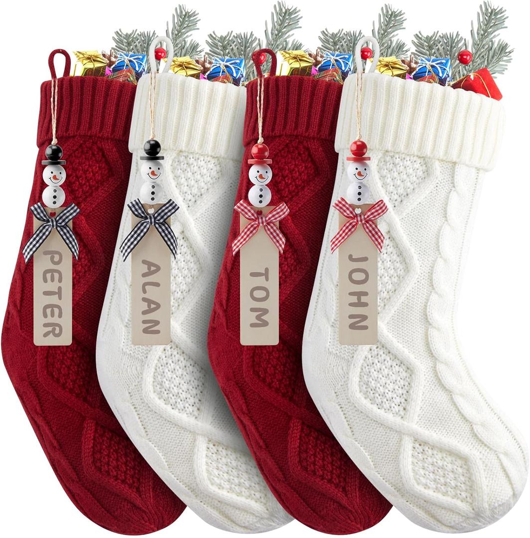 Personalized Christmas Stockings - 18 Inches Hanging Stockings with DIY Snowman Name Tags, 4 Pack Large Size Knitted Stockings for Mantels, Christmas Tree Family Holiday Decor, Red and White