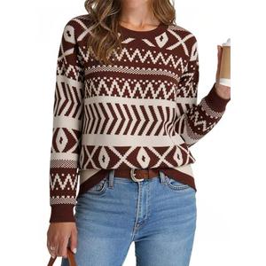 Dokotoo Brown Sweater Casual Long Sleeve Pullover Tops Crew Neck Color Block Cozy Sweaters for Women Spring Clothes Large 