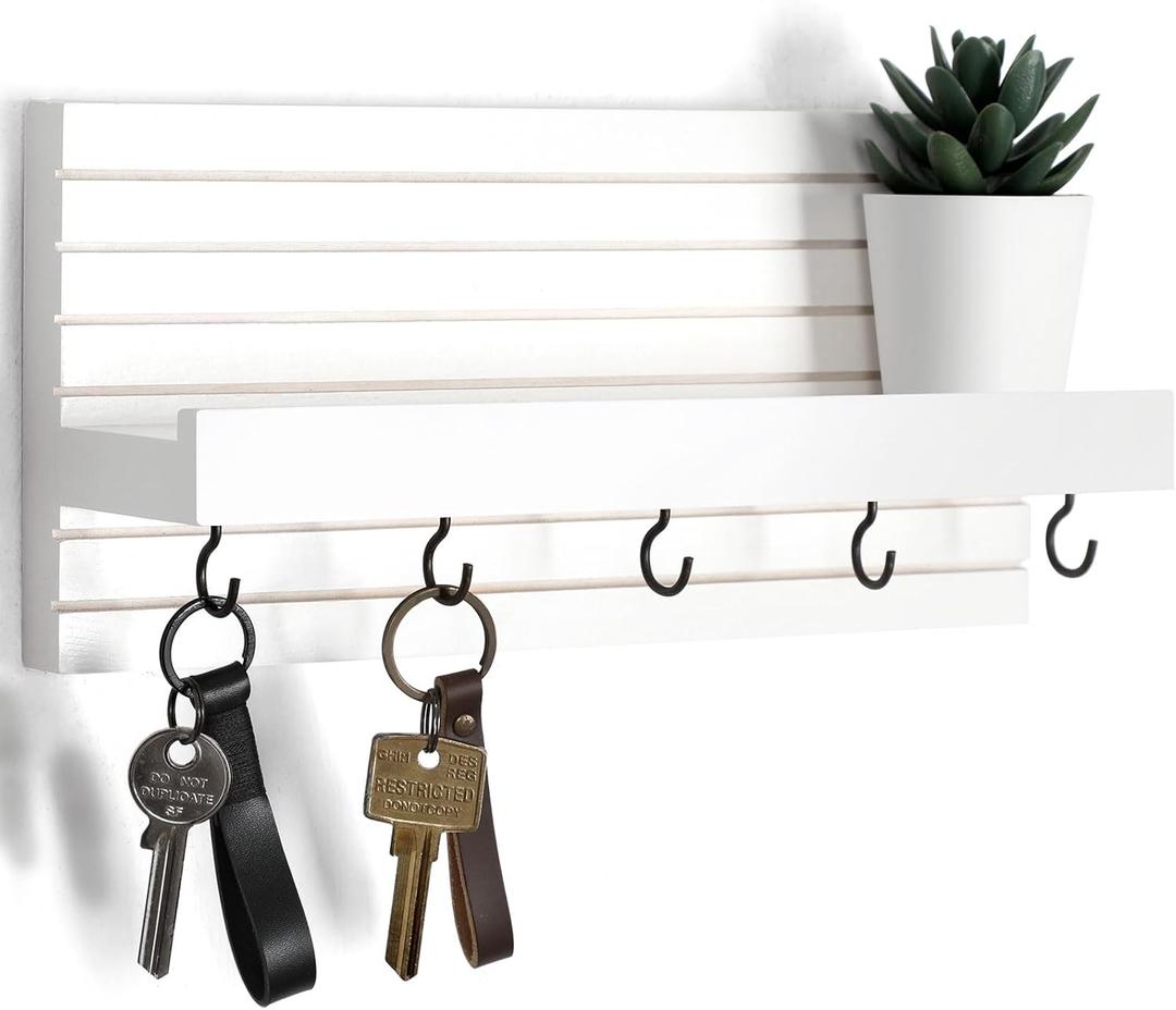 Lwenki Decorative Key Holder for Wall with Shelf, Entryway Shelf with Hooks Holds Leashes, Jackets and Glasses Sturdy Wood Keyholder Entrance Hanger with Mounting Hardware (White, Medium)