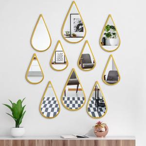Yookeer 10 Pcs Tear Drop Mirror Wall Decor - Metal Teardrop Art With Gold Frame for Living Room, Bedroom, Bathroom - Boho Hanging Sculpture Sign