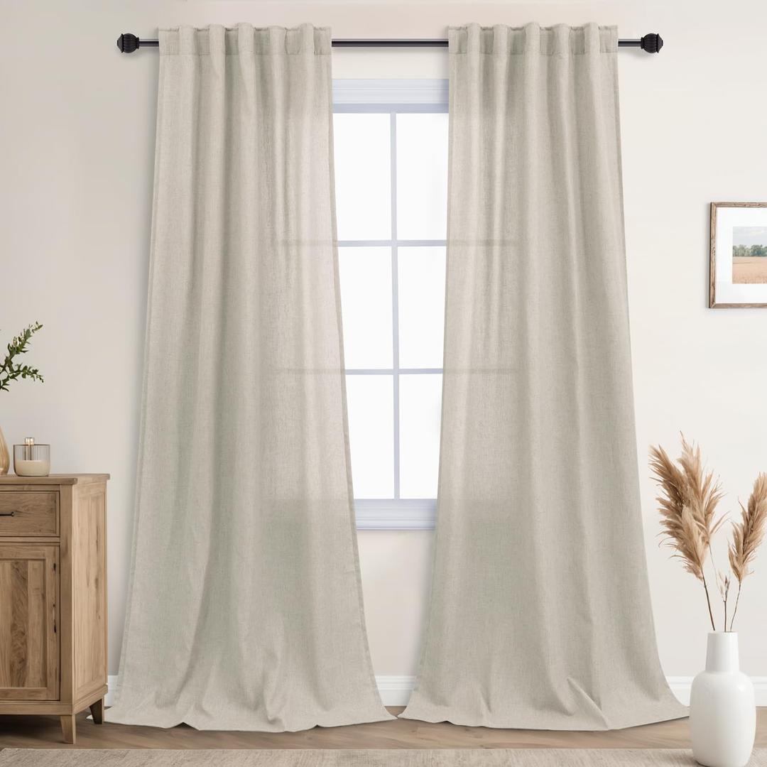 Beige Linen Curtains 42x90 inch Long 2 Panels Set, Back Tab Burlap Cotton Look Tan Taupe Semi Sheer Window Drapes Privacy Assured with Light Filtering 90 Inch Length for Bedroom/Living Room, W42 x L90