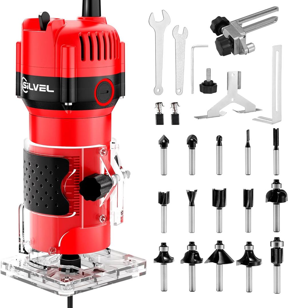 SILVEL Wood Router, 800W Wood Routers for Woodworking, 6.5Amp 1.25HP Hand Wood Router Tool, 30000R/MIN Compact Edge Trimmer with 15 1/4" Router Bit Set, Red