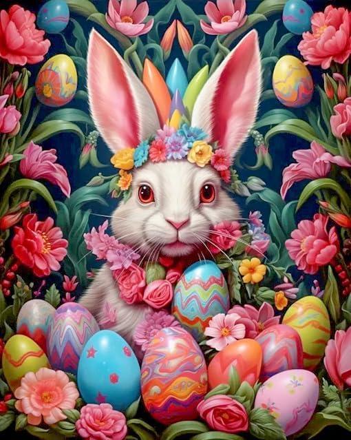 Semneroy 5D Easter Diamond Art Kits for Adults Beginners, Round Full Drill DIY Diamond Art for Easter Rabbit, Colors Egg Anime Gem Art Paint Crafts Home Decor 12x 16 Inch