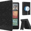 CoBak Stand Case for 7" Kindle Paperwhite 12th Gen 2024 and Kindle Colorsoft with Hand Strap - Compatible with iPhone MagSafe, for Samsung/Belkin/Anker Wireless Charging Pads, Durable, Auto Sleep Wake (Black Glitter)