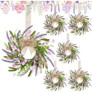 6 PCS 9'' Mini Pink Forsythia Lavender Wreath for Front Door Small Spring Kitchen Cabinet Wreaths with Burlap Ribbon Hanging Farmhouse Wreaths Artificial Greenery Wreath for Porch Wall Window Decor