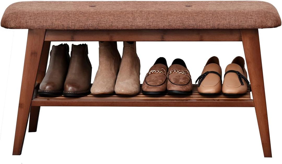Shoe Entryway Bench, Bamboo Shoe Rack Bench, Organizer with 2 Tier Storage Simple Style Good Load Bearing, Ideal for Entryway Hallway Living Room,(Brown,35.4'')