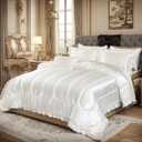 Silk Like Satin Comforter Set with Sheet Set King 8 Pcs White Satin Bedding Set Silky Ruffle Pattern Home Decor Luxury Hotel Silky Bed in a Bag with 1 Cushion Cover