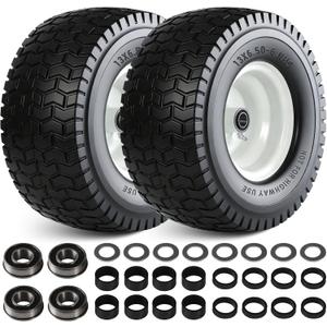 13x6.50-6 Flat Free Lawn Mower Tire Wheels; 2 Packs Non-Slip Puncture-proof Tire for Lawnmowers, Replacement 3/4" & 4 Pcs 5/8" Bearing with 24 Spacers for Zero Turn Mowers, Garden Tractors Carts
