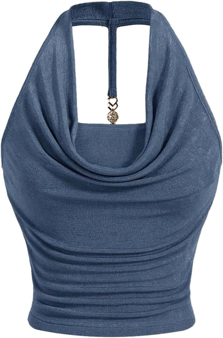 SOLY HUX Women's Halter Tops Draped Front Sleeveless Backless Y2K Crop Sexy Cami Tops Going Out Summer Outfits (Blue, M)