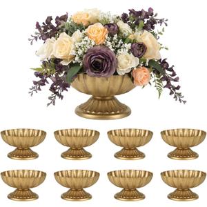 Set of 8 Antique Gold Compote Vases, 7.1" W x 3.94" H Metal Pedestal Vase for Centerpiece, Small Brass Compote Bowls for Floral Arrangements, Table Decor for Wedding Events Parties Decoration