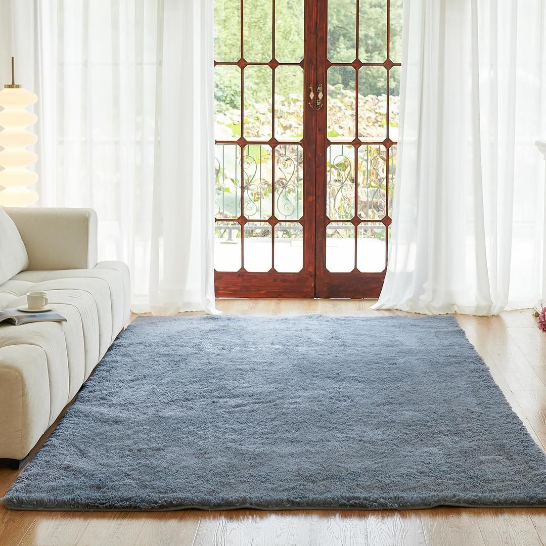 Ultra Soft Shag Area Rug, 5'x7'Indoor Modern Plush Non-Skid Nursery Faux Fur Rugs for Living Room, Anti-Skid Durable Rectangular Fuzzy Fluffy Carpet for Kids Room Home Decor (5x7 Feet, Pure Grey)