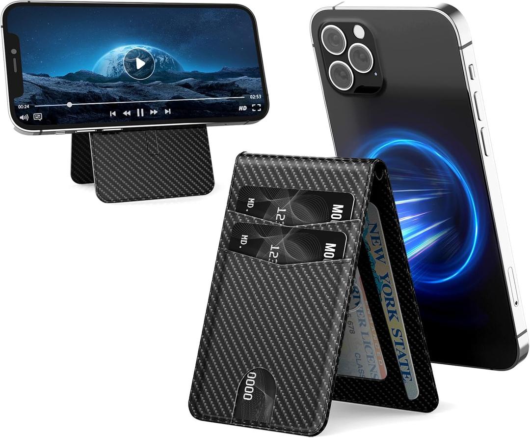 YINHEXI for Magsafe Wallet Stand, Magnetic Leather Phone Wallet Card Holder for Phone Case with Adjustable Stand, Minimalist Slim Leather Mens Wallet with 4 Cards Slots (Carbon Fiber)