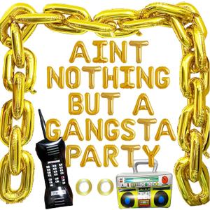Aint Nothing But A Gangsta Party Balloon Banner Hip Hop Party Decorations Gold Jumbo Chain Balloons Inflatable Mobile Phone Radio Boombox Backdrop for 70s 80s 90s Hippie Retro Party Decor Supplies