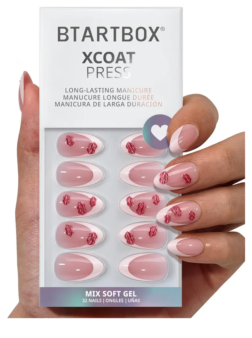 BTArtbox French Tip Press On Nails - Date Night, Lamp-Curable 3D Red Lips Short Almond Press On Nails with Glue and Adhesive Tabs for Women in 16 Sizes - 32 Nails All-in-One Kit