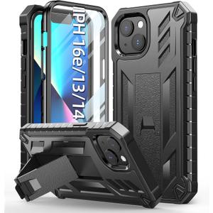 Case for iPhone 13, iPhone 14, iPhone 16e Protective Cover Black | Heavy Duty, Military Grade, Hard Protection, Shock Proof, Grip, Durable, Dual-Layer Design, Built-in Kickstand