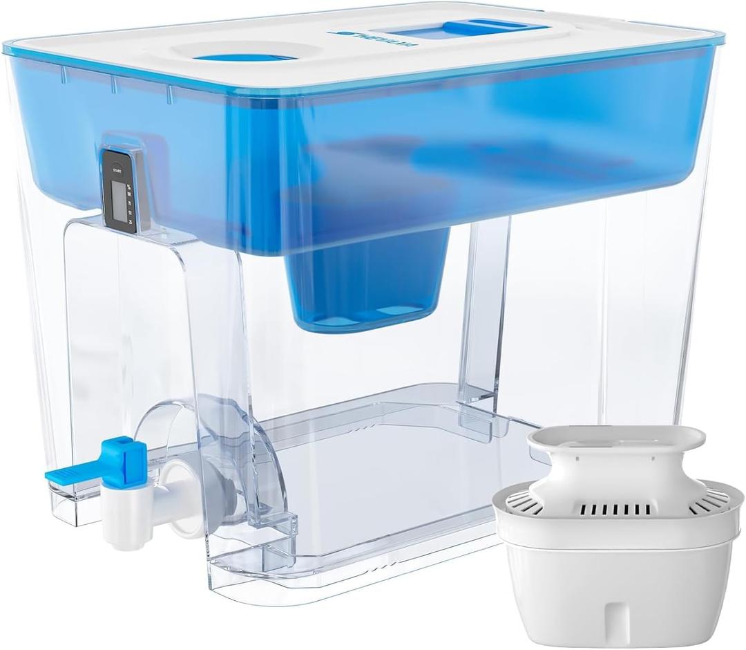 40-Cup Large Water Dispenser, 200-Gallon Long-Life, Water Filter Dispenser with Timer, 1 Filter, BPA Free, Reduces Fluoride, Chlorine, Lead, PFOA/PFOS, for Home and Office (Blue)