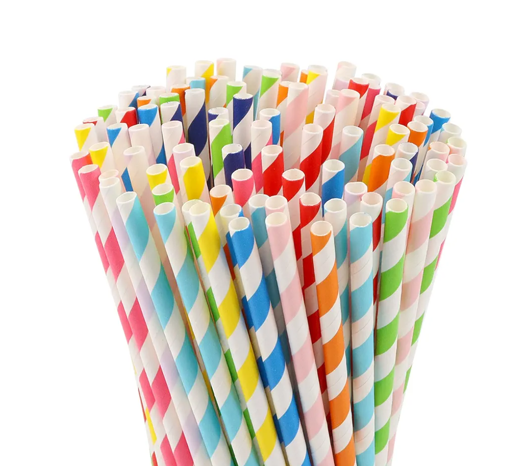 75 Pcs Biodmart Paper Straws, Assorted Rainbow Colors Striped, For Drinks, Parties, Crafts
