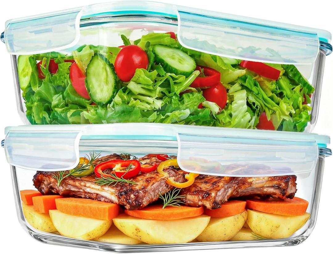 2 Pack 78 Oz / 9.8 Cups Large Glass Food Storage Containers with Lids, Meal Prep Containers for Baking, Serving, Glass Storage Container, BPA Free, Leakproof, Freezer, Microwave/Oven Safe (Green)