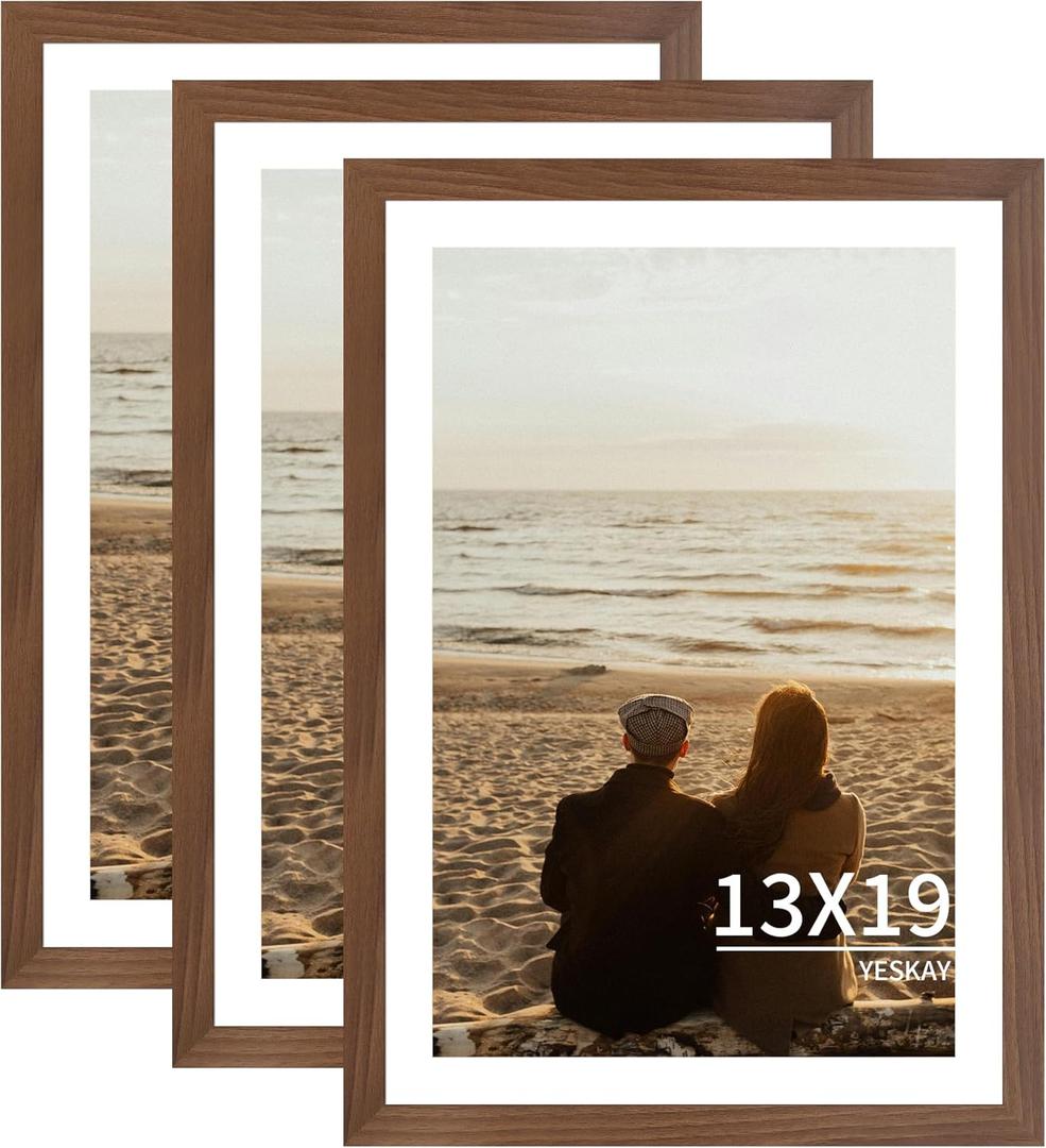 YESKAY 13x19 Picture Frame 3 Pack - Brown Poster Frame Display Pictures 11x17 with Mat or 13 x 19 Without Mat for Wall Hanging Horizontal and Vertical