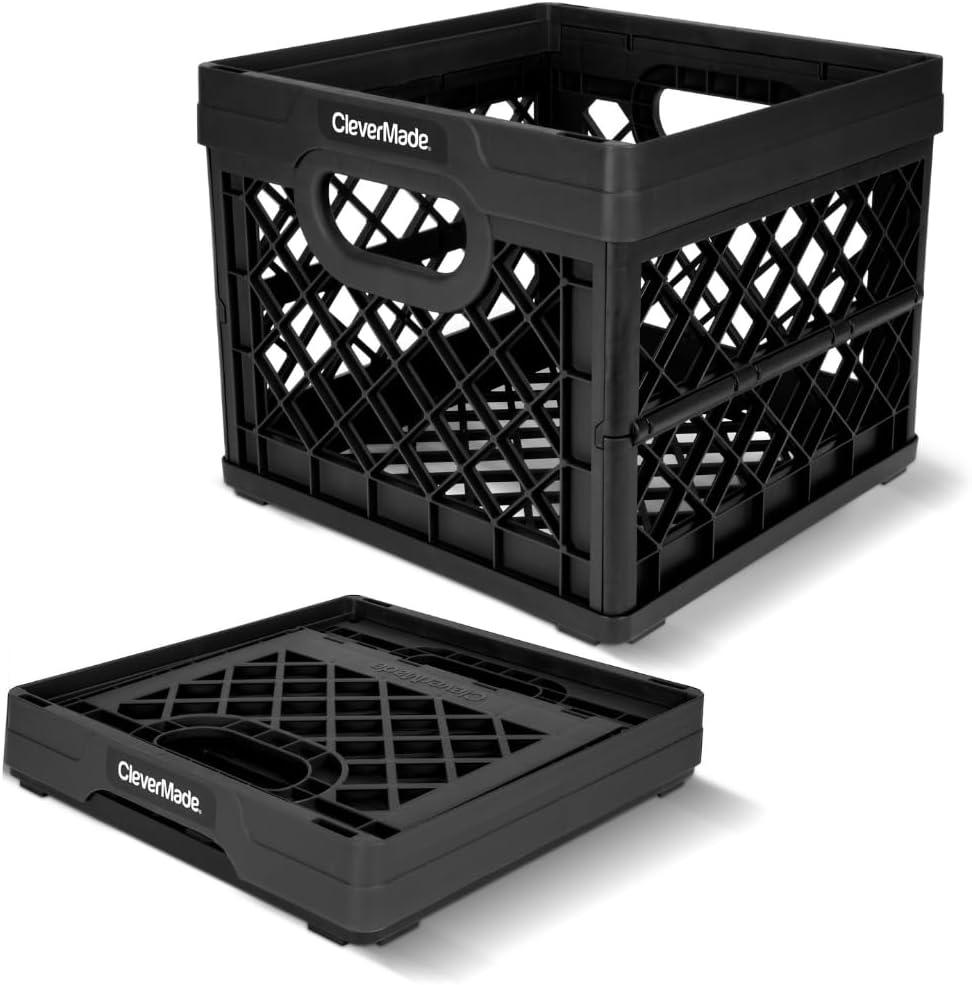 CleverMade Collapsible Milk Crate 25L (6.6 Gal), 50 lb Capacity Heavy Duty Folding Crate  Stackable Storage Crates with File Rails, Plastic Collapsible Crates - Obsidian (1 Pack)