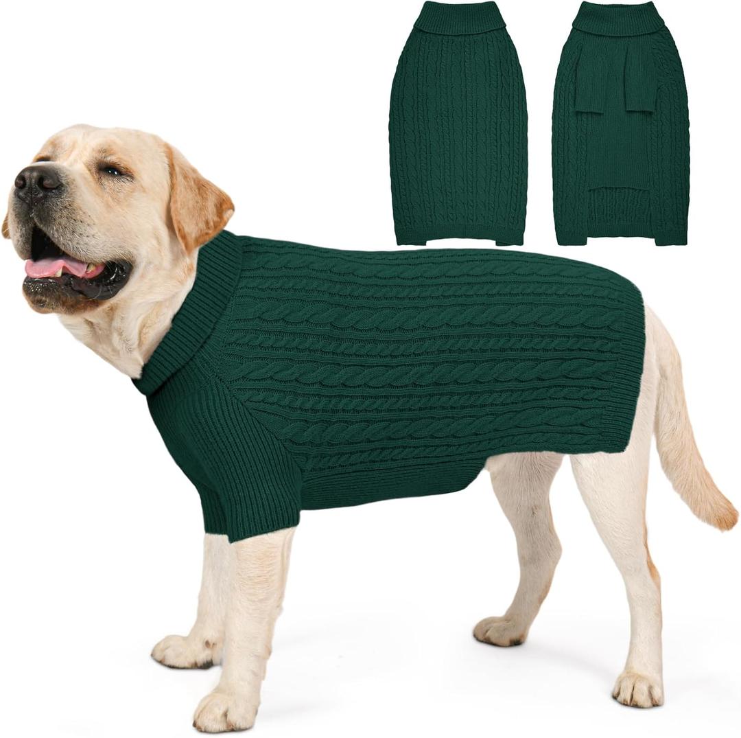 Dog Sweater for Big Dogs Boys Girls Turtleneck Pullover Cable Knit Winter Stretch Clothes Labrador Bulldog Pitbull Doberman with Long Sleeves (XL, Green)
