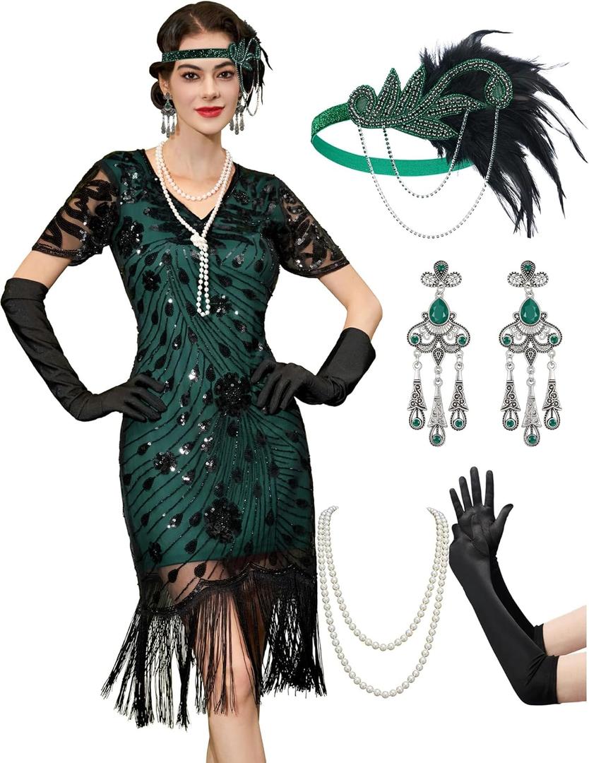 YESSA Flapper Dresses 1920s,Great Gatsby Dresses for Women Fringe Roaring 20s Costumes with 20s Accessories for Harlem Nights (Medium, Green)