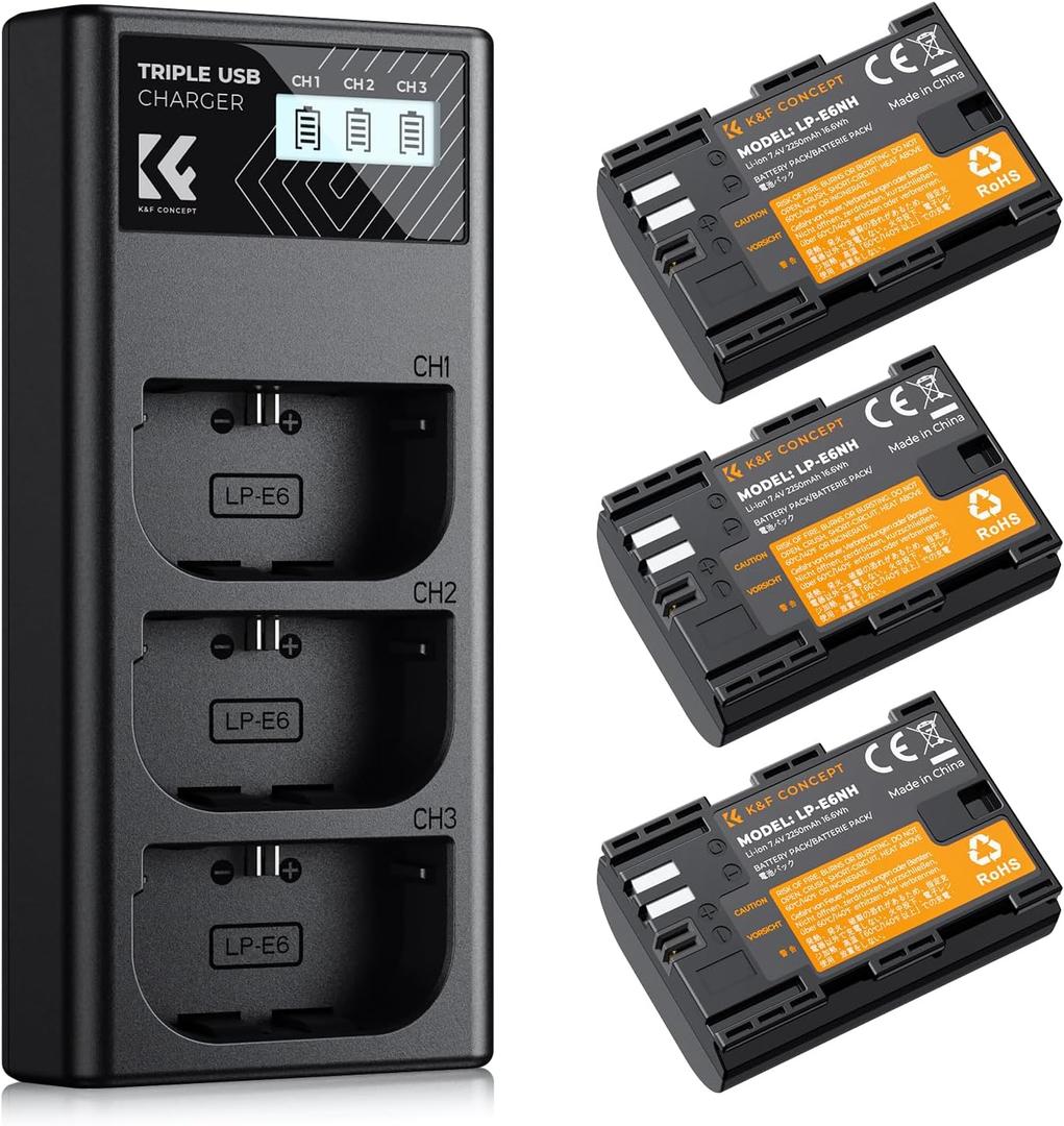 K&F CONCEPT 3-Pack LP-E6NH Battery and Triple Slot Charger Compatible with Canon EOS R7, R6, R5, R, 6D Mark II, 5D Mark IV, 5D Mark III, 5DS, 5DS R, 5D Mark II, 80D, 90D, 6D, 7D, 7D Mark II, 2250mAh
